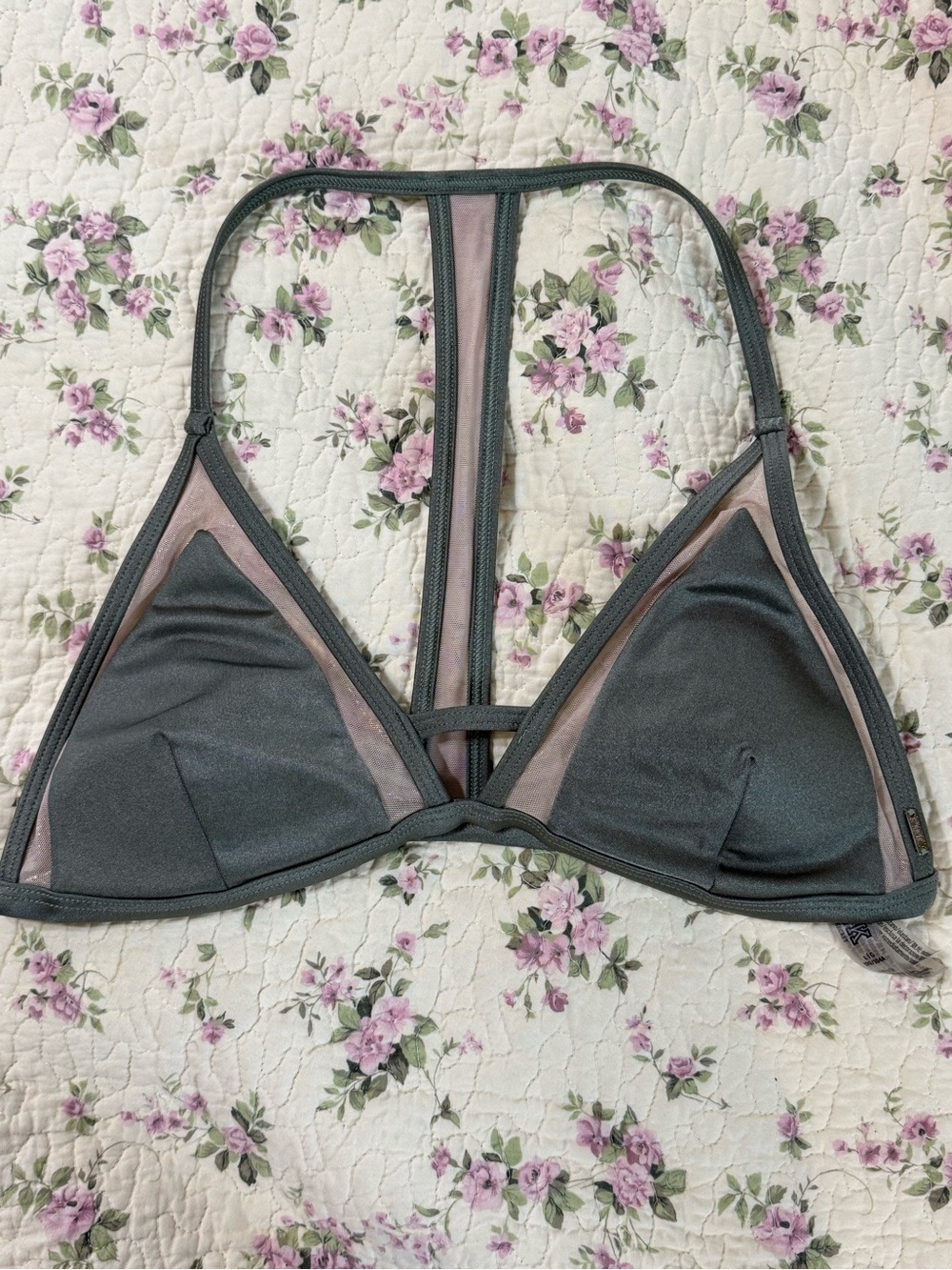 PINK Victoria's Secret Gray Triangle Shimmery Mesh-Panel Bikini Top